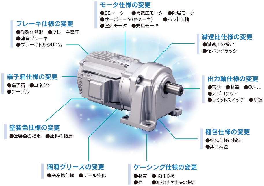 ブレーキ仕様の変更　モータ仕様の変更　減速比仕様の変更　出力軸仕様の変更　梱包仕様の変更　ケーシング仕様の変更　潤滑グリースの変更　塗装色仕様の変更　端子箱仕様の変更